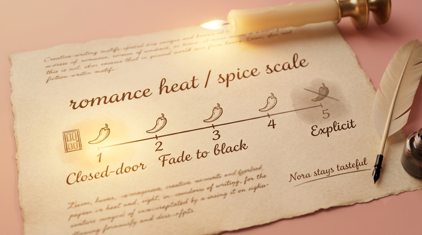 Romance heat and spice scale from 1 (closed-door, fade to black) to 5 (explicit), with Nora staying at the tasteful end