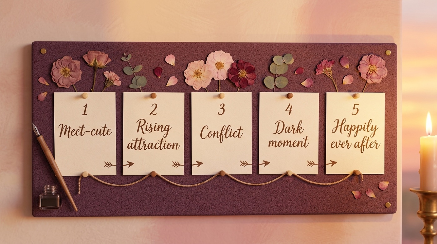 Five-beat romance story arc on index cards: meet-cute, rising attraction, conflict, dark moment, happily ever after