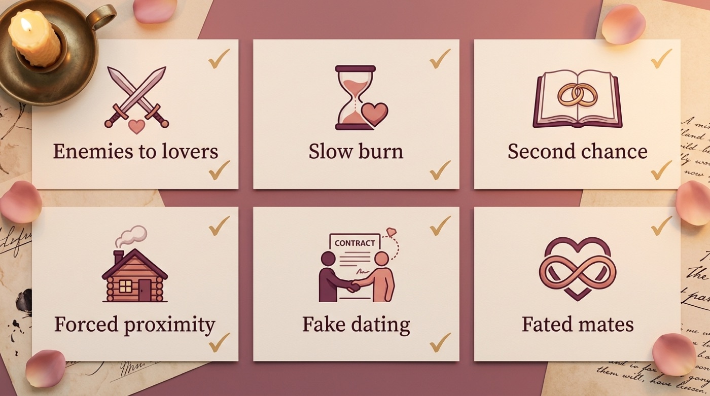 Six popular romance tropes on cards: enemies to lovers, slow burn, second chance, forced proximity, fake dating, fated mates