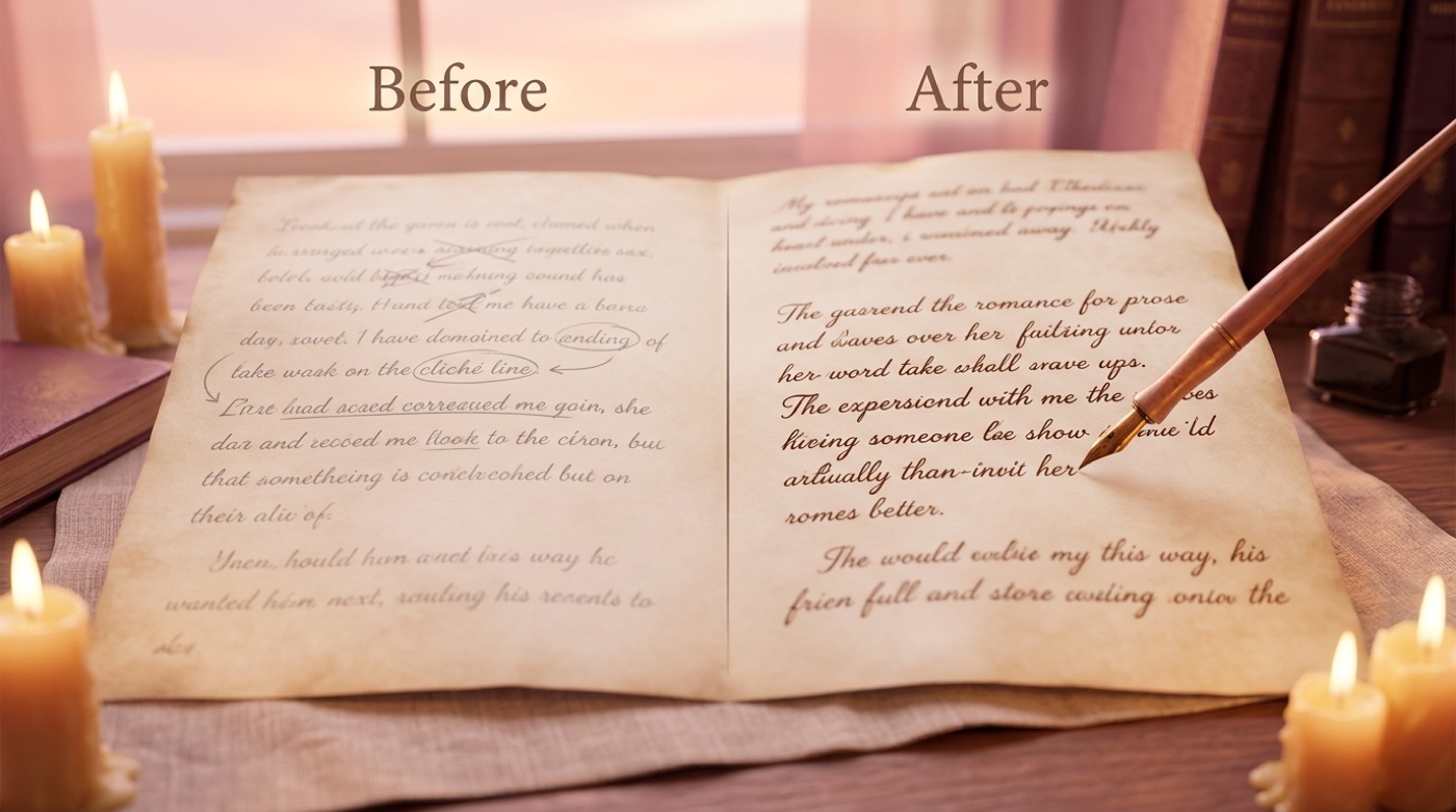 A manuscript page split before and after editing — bland clichéd lines become vivid, specific romance prose