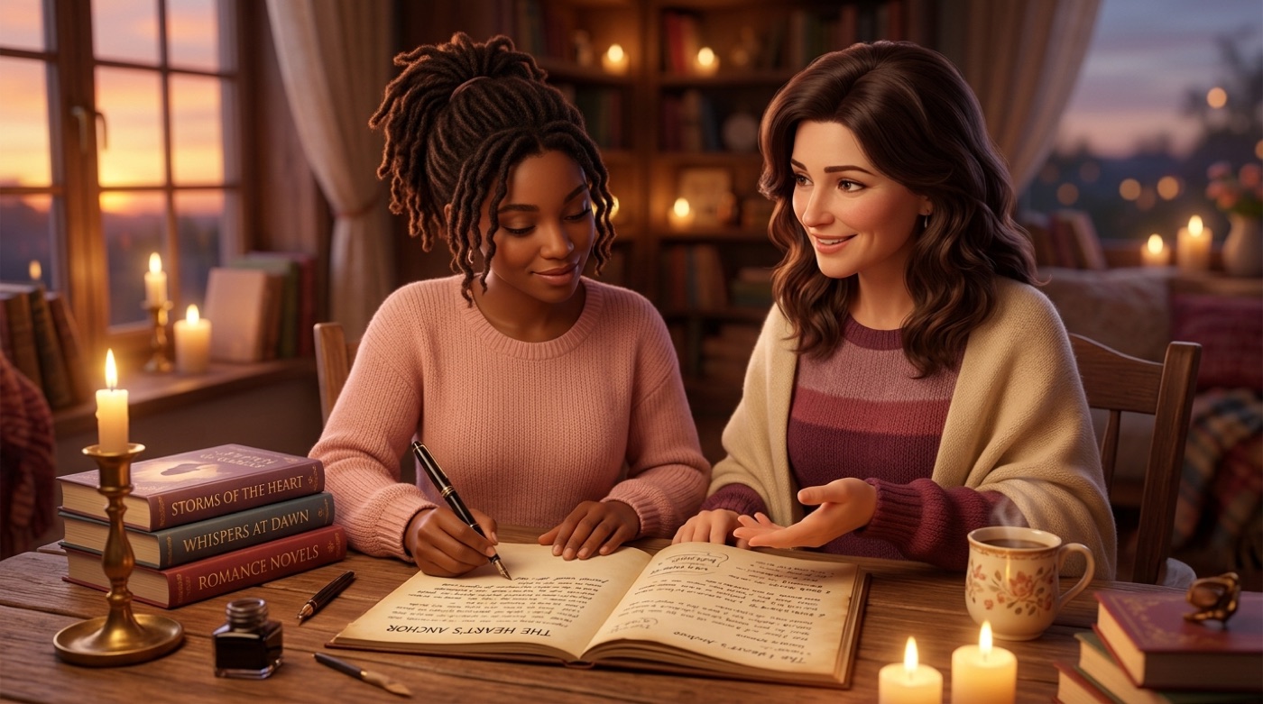 A writer and Nora, the novelist mentor, co-writing warmly at a candle-lit table — the writer holds the pen