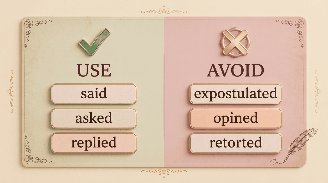 Comparison of clean dialogue tags to use (said, asked, replied) versus fancy tags to avoid (expostulated, opined, retorted)