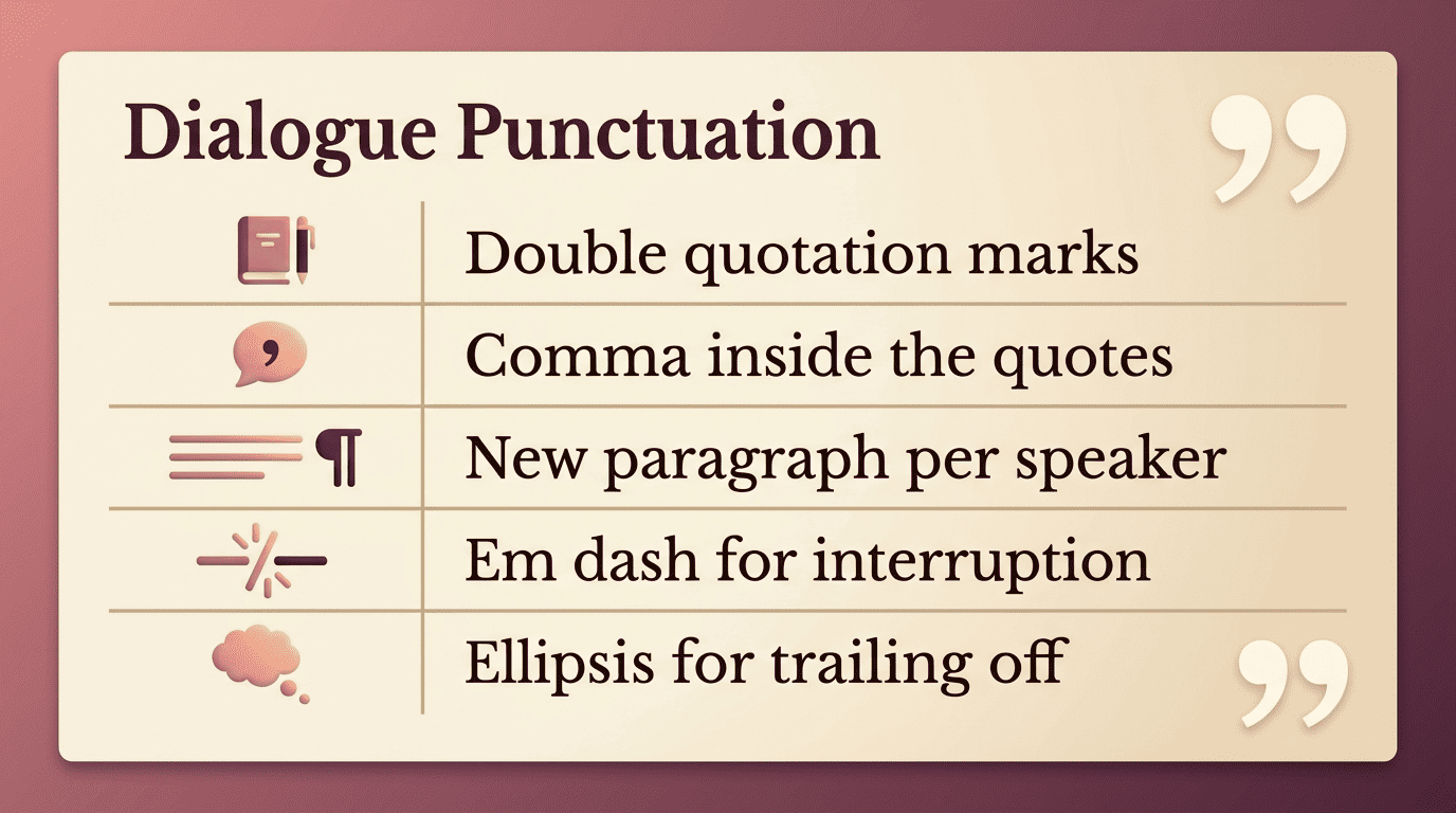 Dialogue punctuation cheat sheet: double quotation marks, comma inside the quotes, new paragraph per speaker, em dash for interruption, ellipsis for trailing off