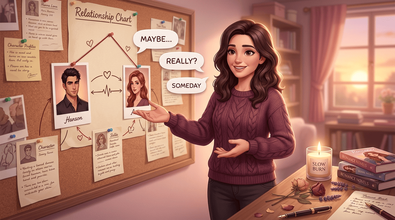 A writing mentor mapping two romance leads on a relationship chart, with teasing banter and unspoken subtext in speech bubbles