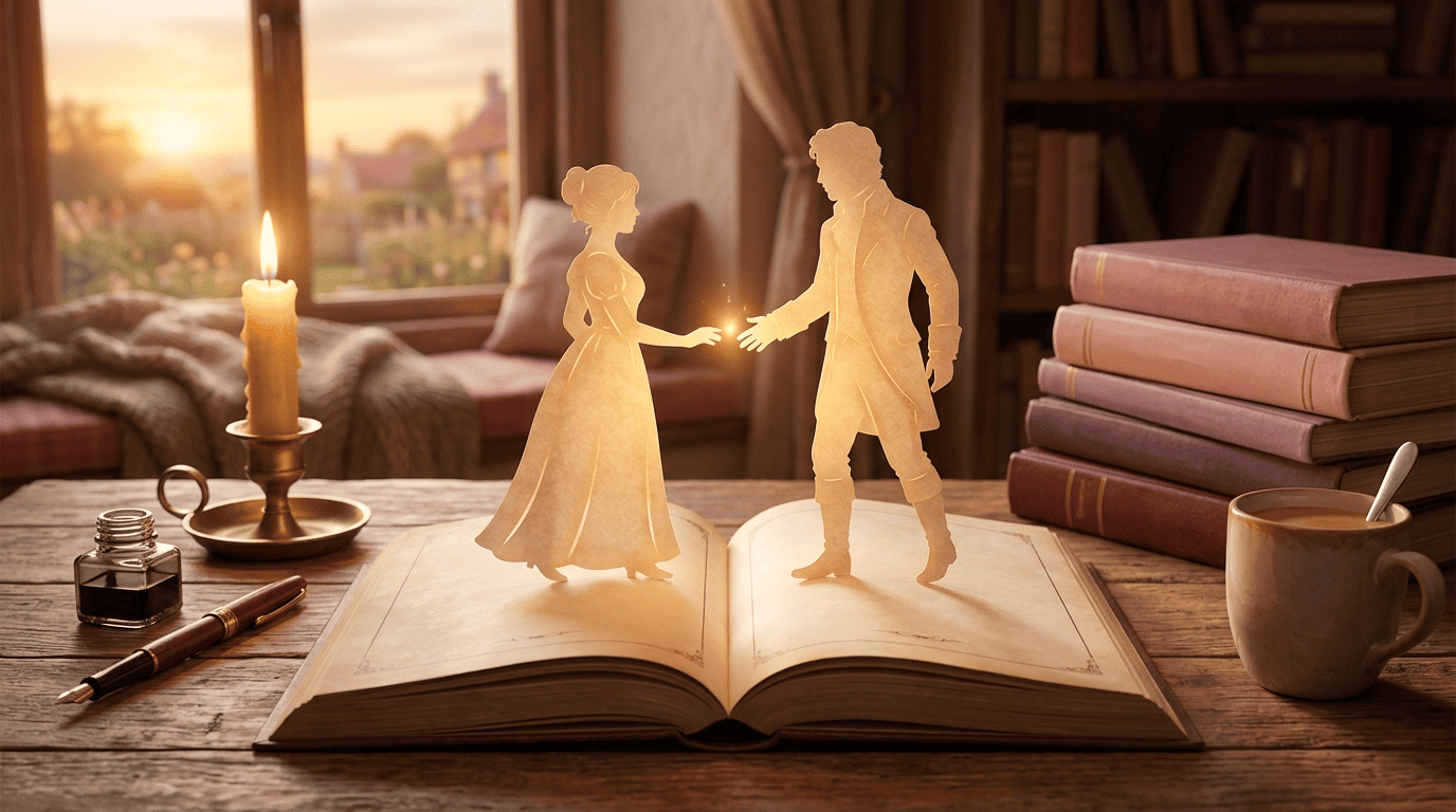 Two paper-cut book characters rising off an open novel and leaning toward each other by candlelight