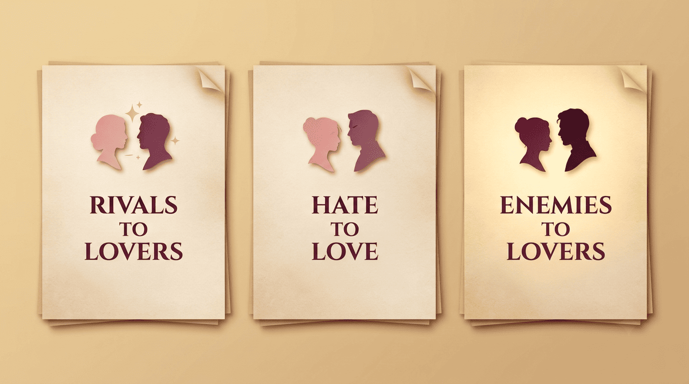 Three cards comparing rivals to lovers, hate to love, and enemies to lovers by rising intensity