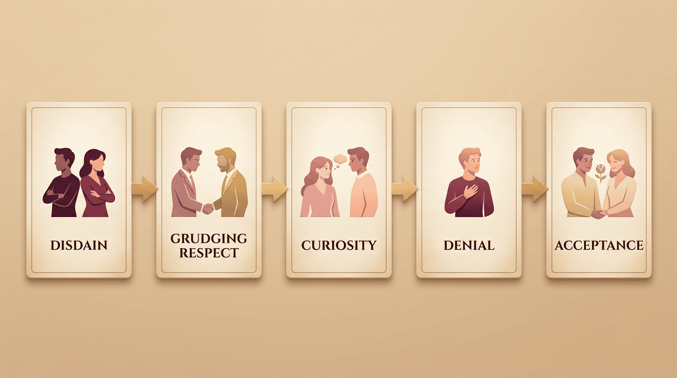 Five-step flow diagram of the enemies-to-lovers emotional arc: disdain, grudging respect, curiosity, denial, acceptance