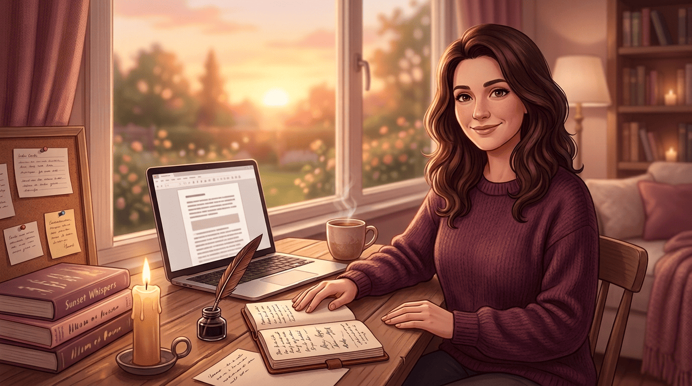 A warm novelist mentor writing a love story at a candlelit desk with a laptop, notebook, and quill