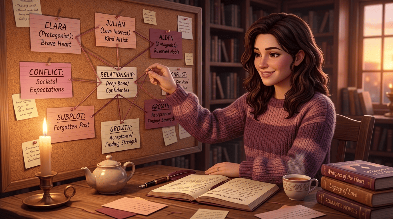 A writer maps a character-relationship chart of index cards and threads on a corkboard