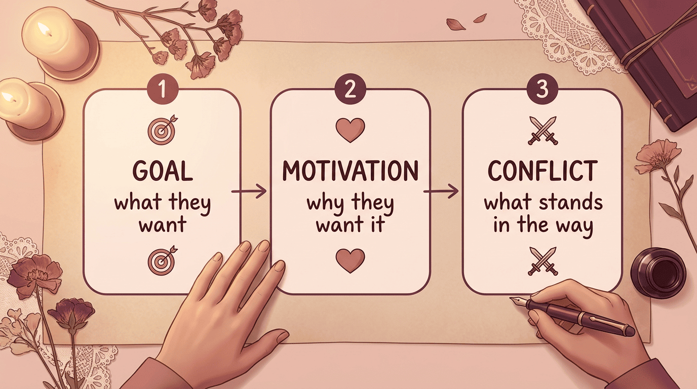 Three-panel diagram of the GMC framework: Goal, Motivation, and Conflict