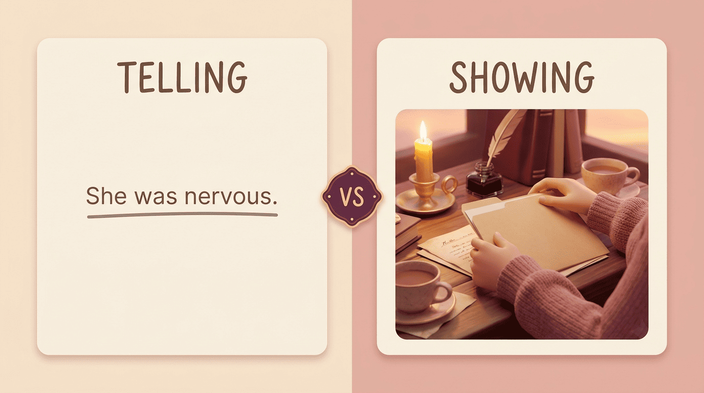 Split comparison of telling a character's emotion versus showing it through action