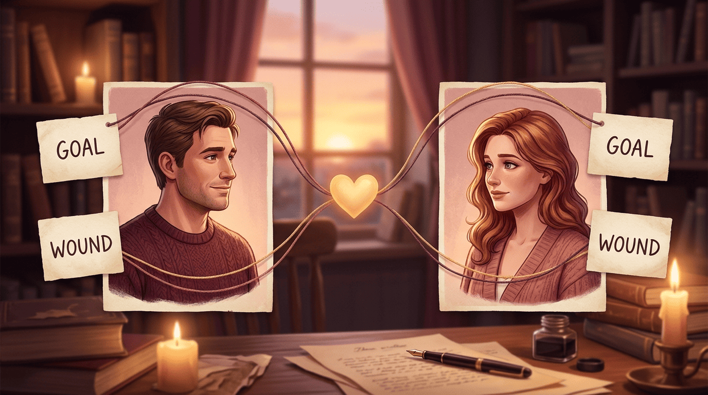 Relationship diagram of two characters whose goals and wounds connect toward a central heart