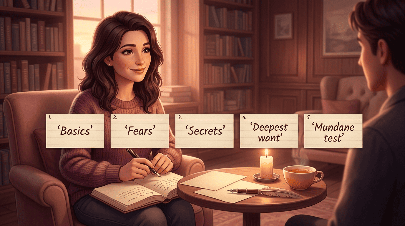 A writer interviews her character across a table using five prompt cards