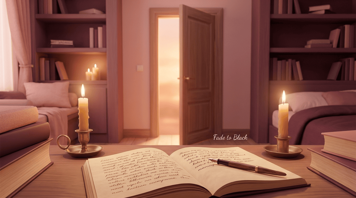 A door ajar with warm candlelight, an open manuscript and quill, illustrating the fade-to-black idea of closing the door