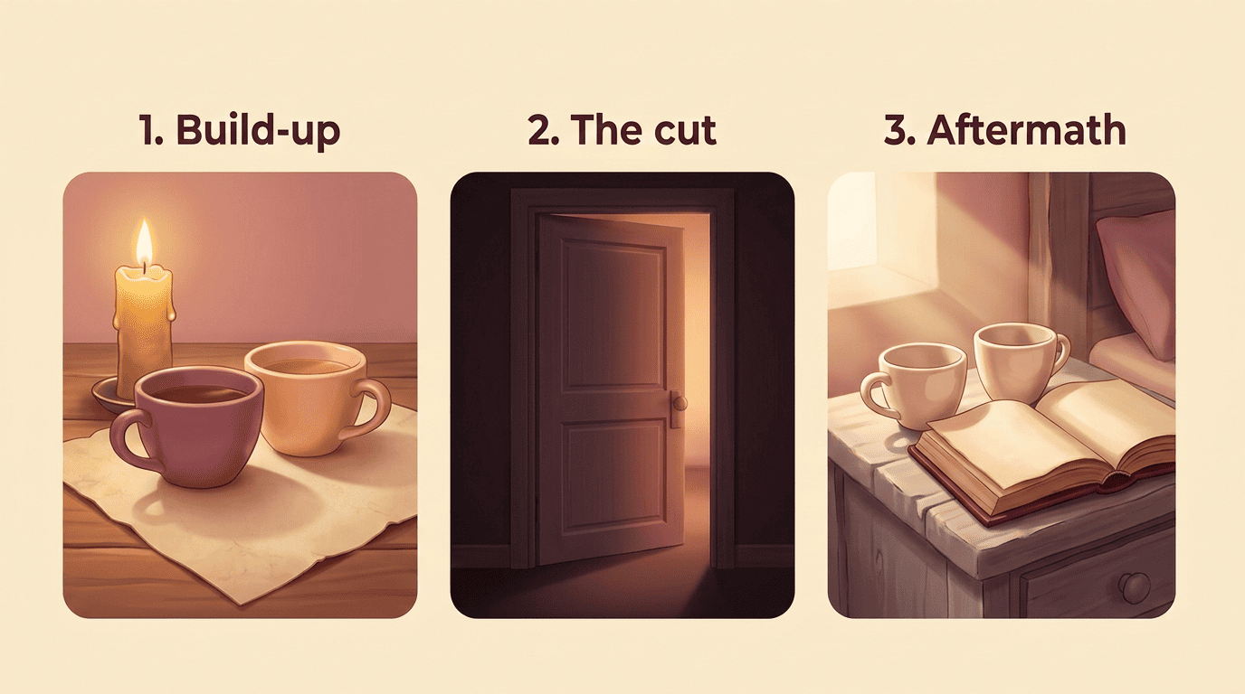 Three-panel storyboard of a fade-to-black scene: build-up, the cut, and the aftermath, shown with objects