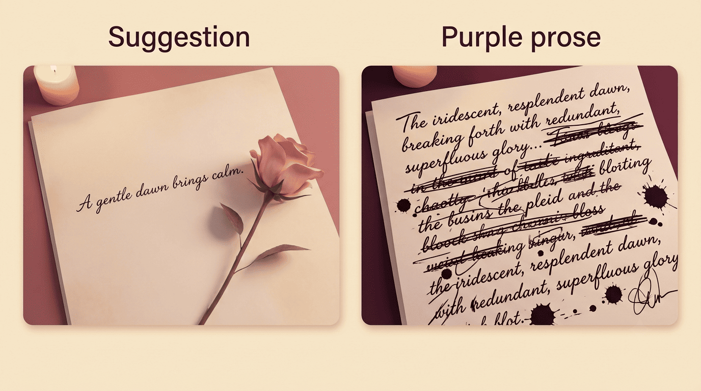A clean, suggestive manuscript page beside an over-written purple-prose page, as a comparison