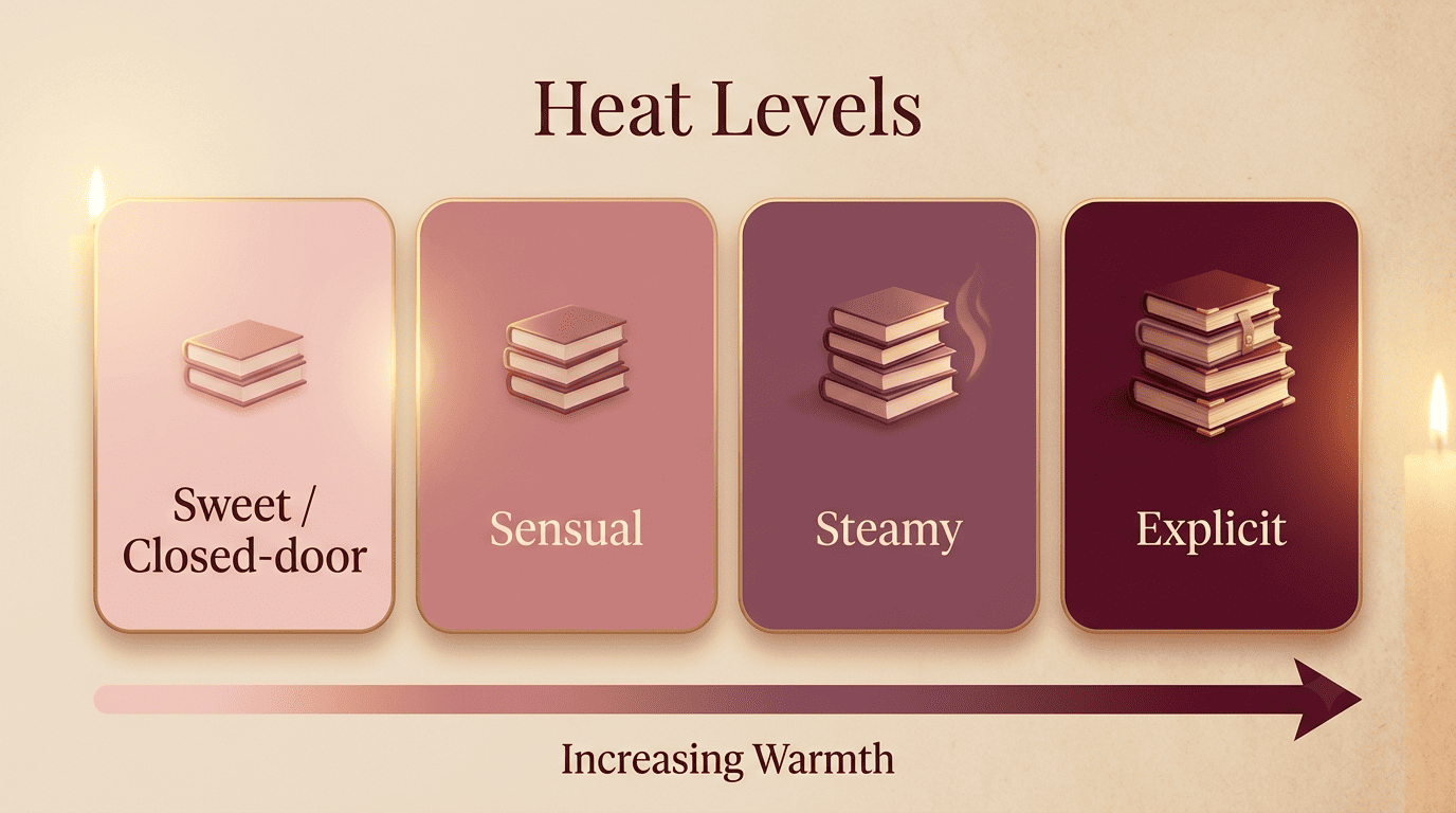 Heat-level ladder from sweet closed-door through sensual and steamy to explicit