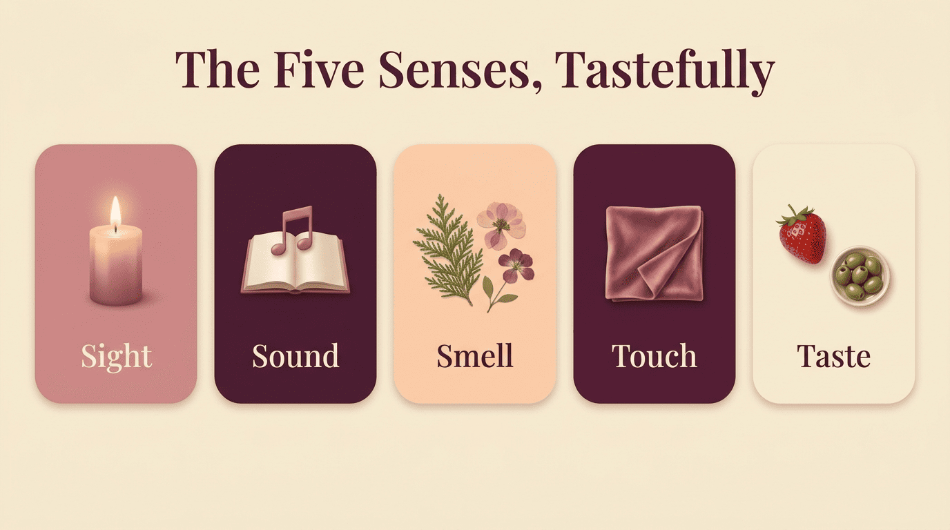 Five-card infographic of the senses used tastefully: sight, sound, smell, touch, taste, shown with objects