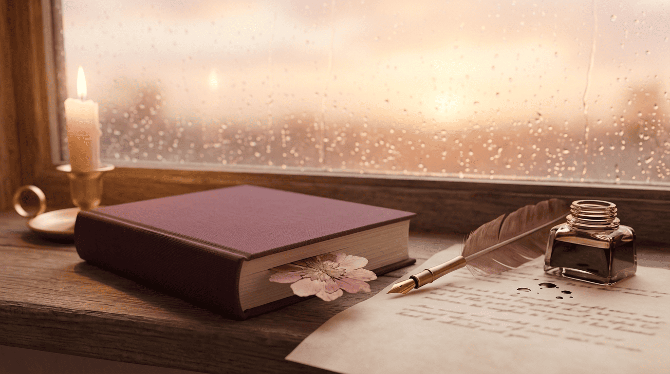 A closed romance novel with a pressed-flower bookmark, quill and candle at a rainy sunset window