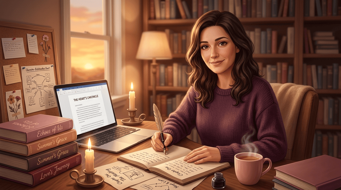 A warm female novelist at a candle-lit writing desk with a manuscript, notebook and quill in a cozy sunset-lit library