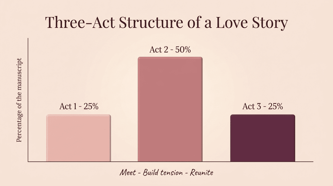 Bar chart of the three-act structure of a love story: Act 1 25%, Act 2 50%, Act 3 25% of the manuscript