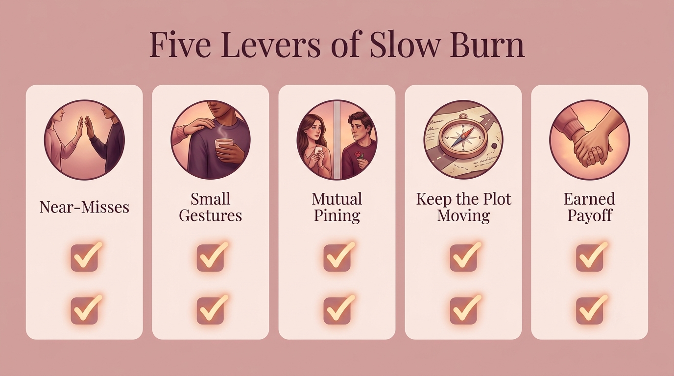 Checklist infographic of the five levers of slow burn: near-misses, small gestures, mutual pining, keep the plot moving, earned payoff