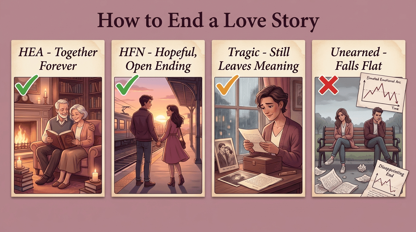 Comparison of love-story endings: HEA, HFN, tragic-but-meaningful, and unearned endings