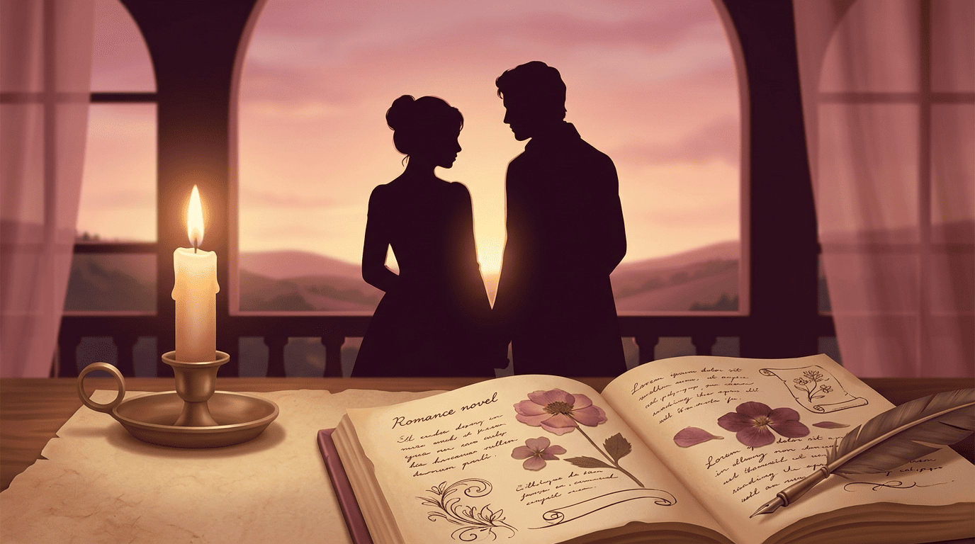 Two clothed silhouettes at sunset beside a candle and an open romance novel with pressed flowers — a tasteful fade-to-black metaphor