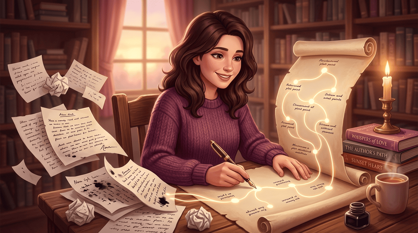 A novelist turning scattered notes into a clear story roadmap at a candle-lit desk
