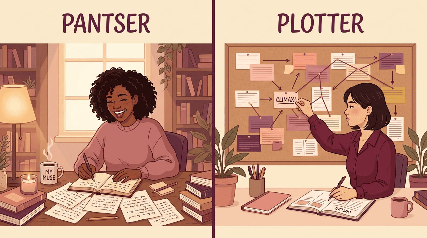 Split-screen comparison of a pantser writing freely and a plotter working from an index-card board