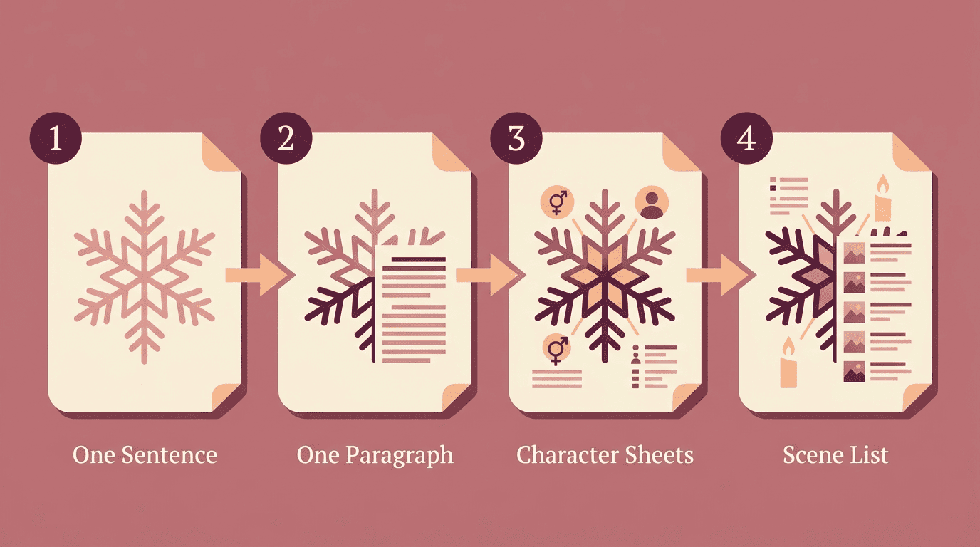 Four-step process flow of the Snowflake Method expanding from one sentence to a scene list