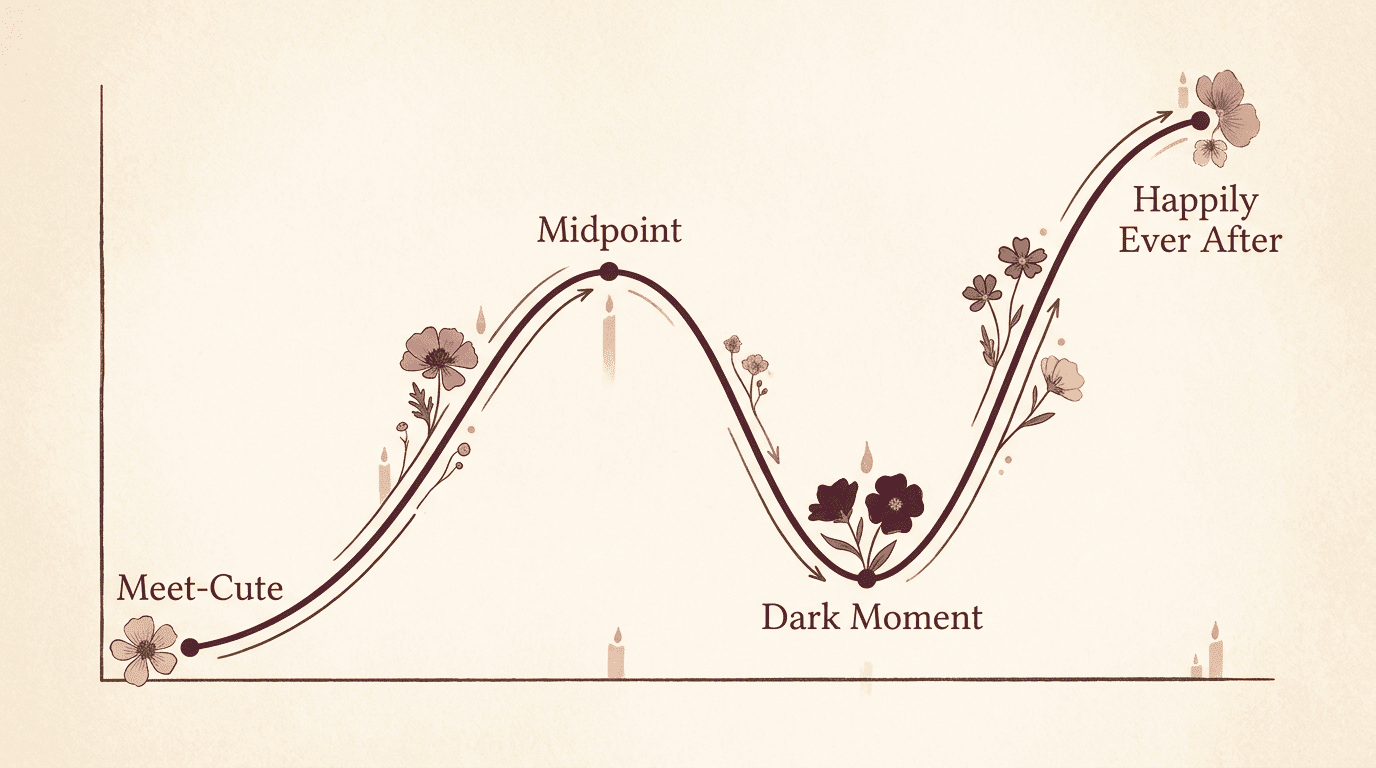 Emotional tension curve of a romance novel from Meet-Cute to Happily Ever After