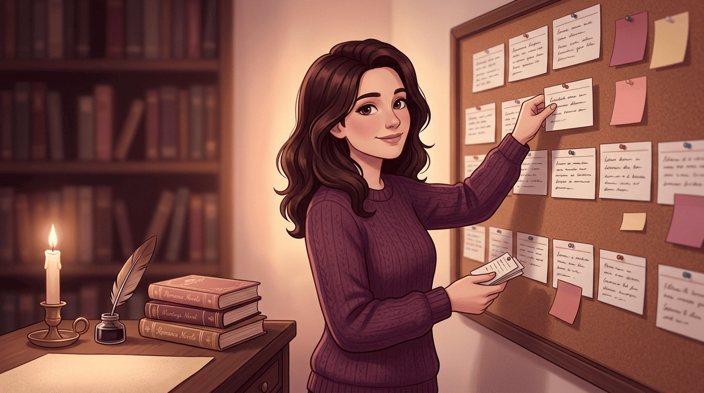 A writer arranging one-scene-per-card index cards on a corkboard