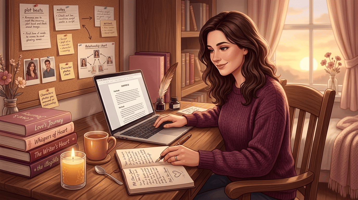 Cozy desk with a romance manuscript, notebook, quill and candlelight