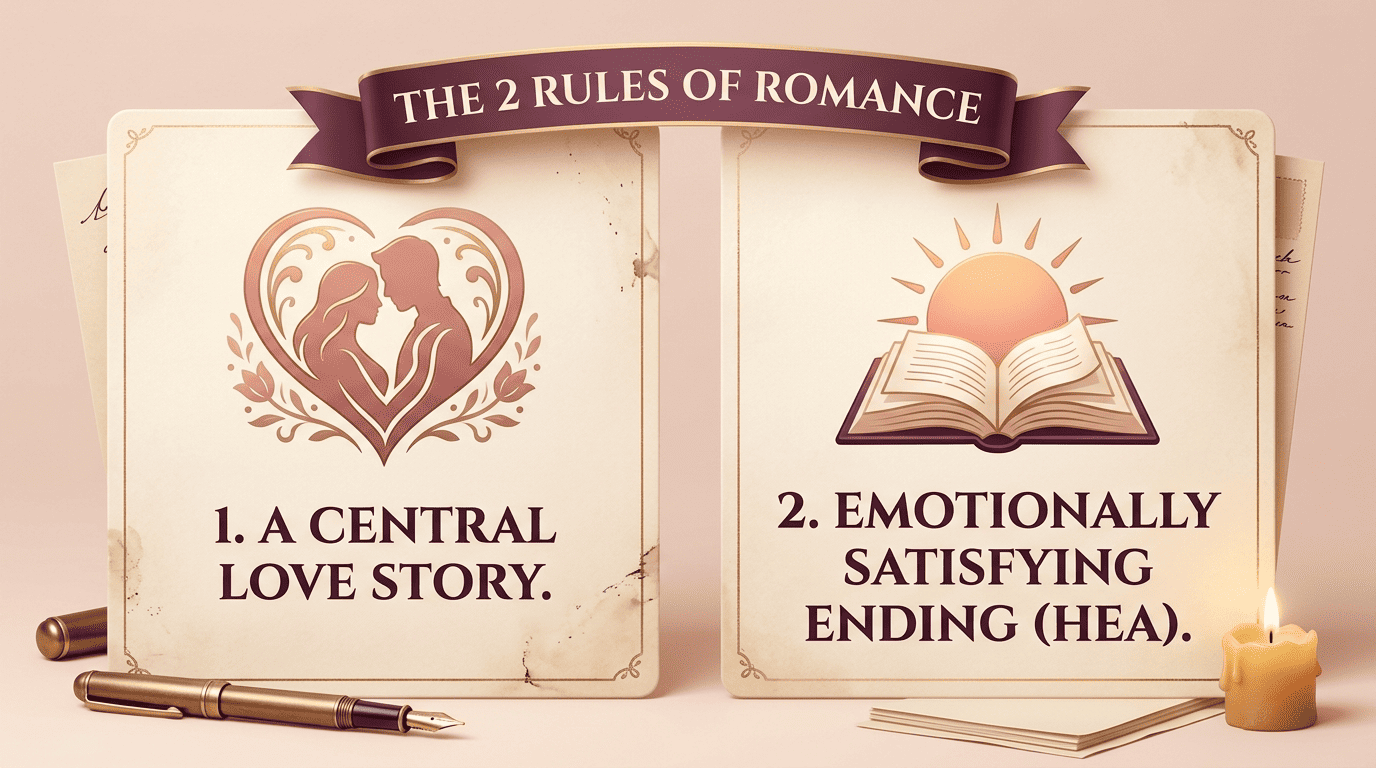 Two cards showing the central love story and the happy ending as the genre's core rules