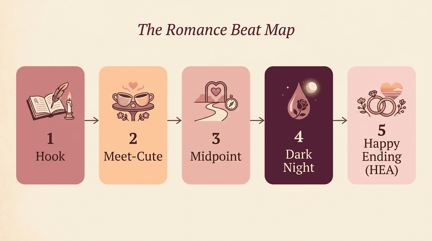 Flow diagram of the major romance beats from meet-cute to happy ending