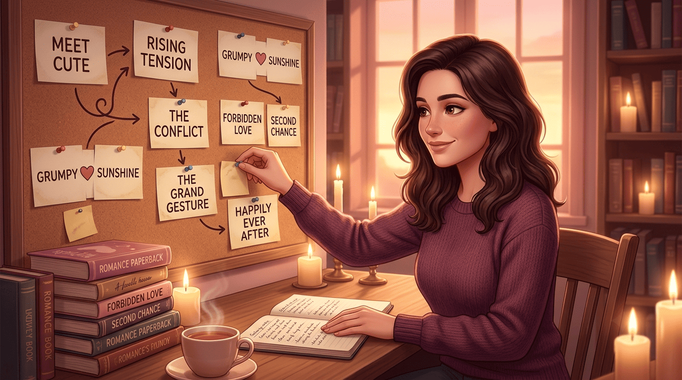 A novelist maps romance story beats on a corkboard at a candle-lit writing desk