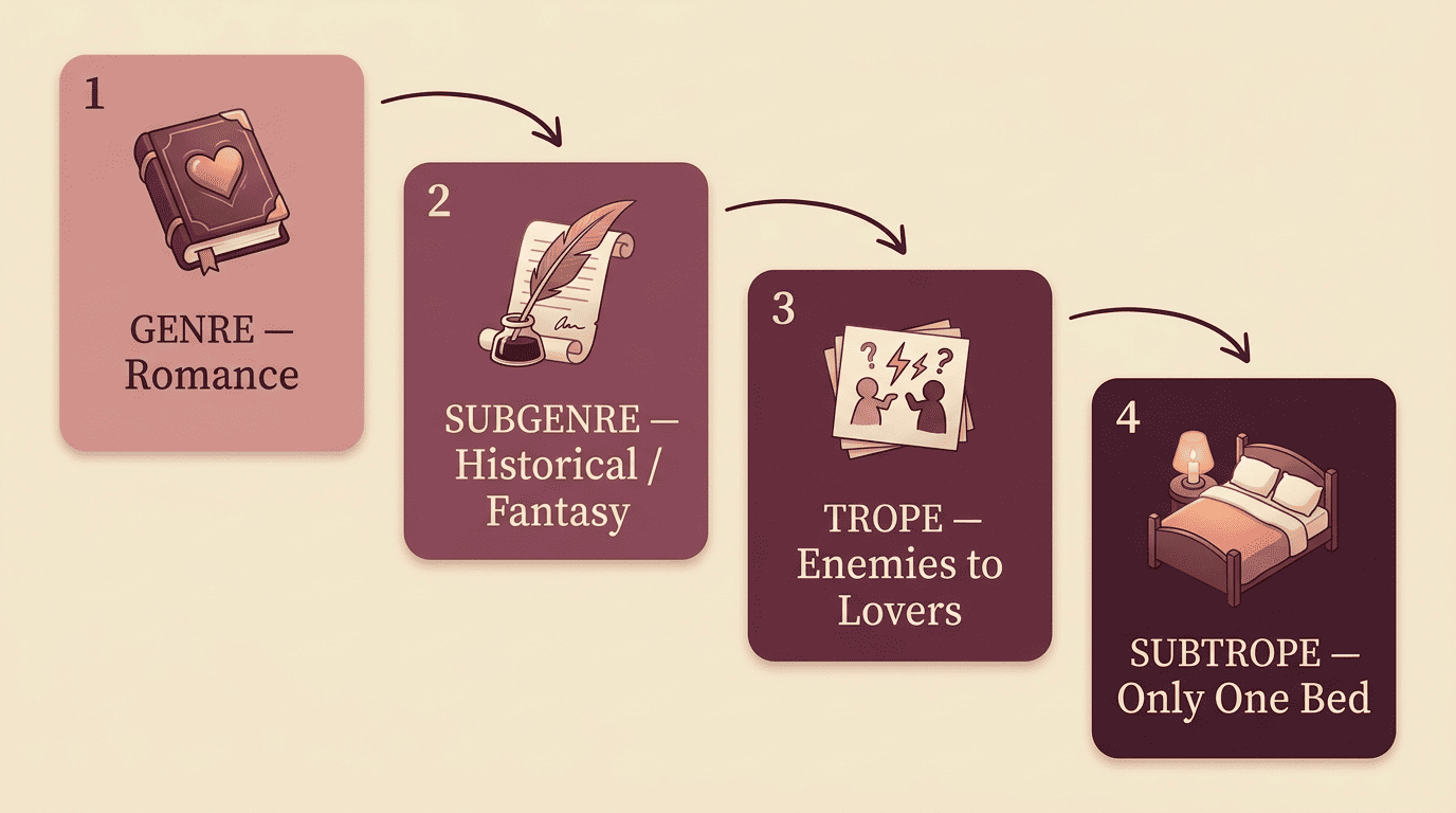 Hierarchy diagram showing genre, subgenre, trope and subtrope in romance