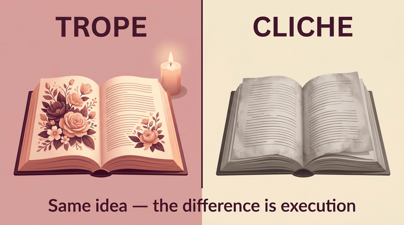 Split comparison of a vivid, blooming trope versus a faded, dusty cliché