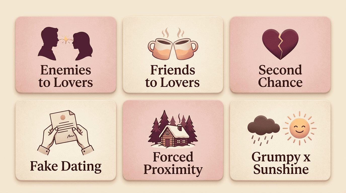 Grid of six popular romance tropes with icons: enemies to lovers, friends to lovers, second chance, fake dating, forced proximity, grumpy and sunshine