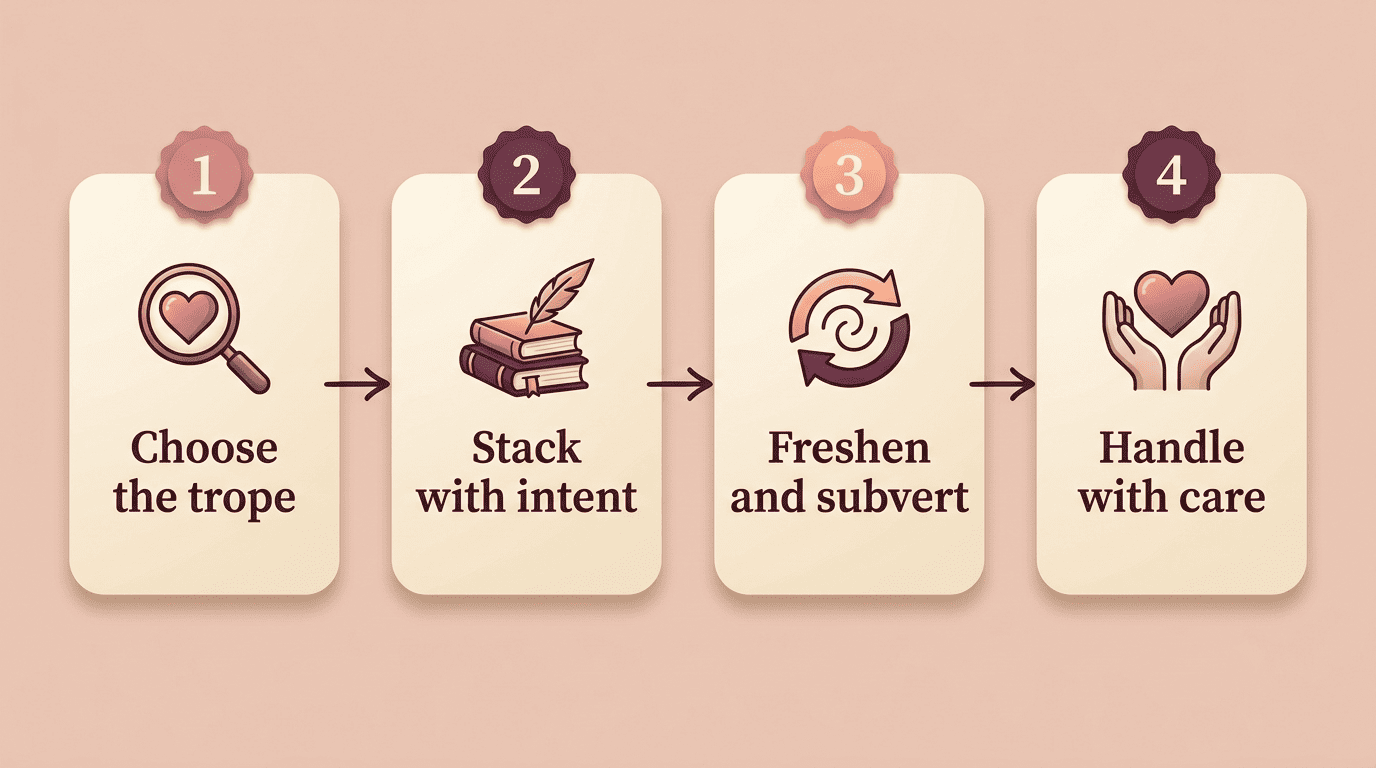 Four-step flow: choose the trope, stack with intent, freshen and subvert, handle with care