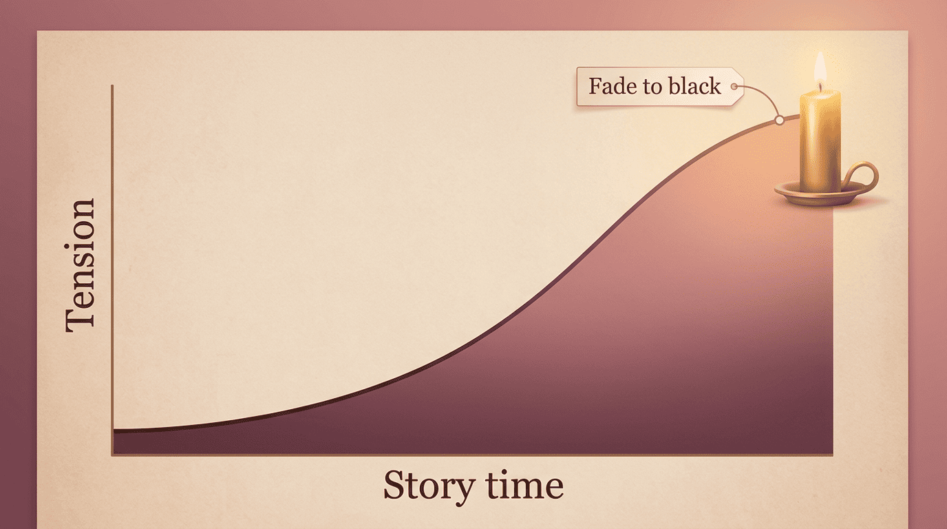 Rising tension curve over story time, peaking at a candle labelled fade to black