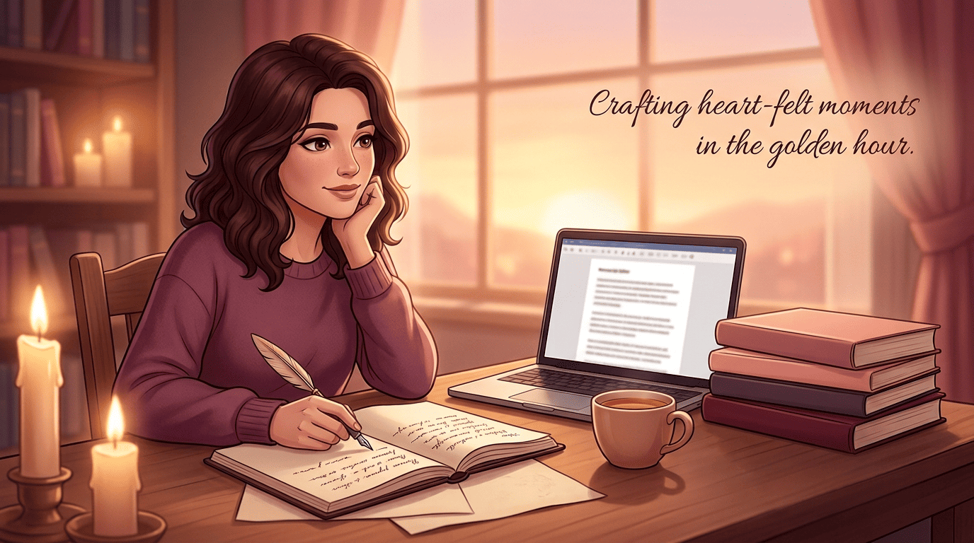 A novelist planning a love story at a candlelit desk at sunset