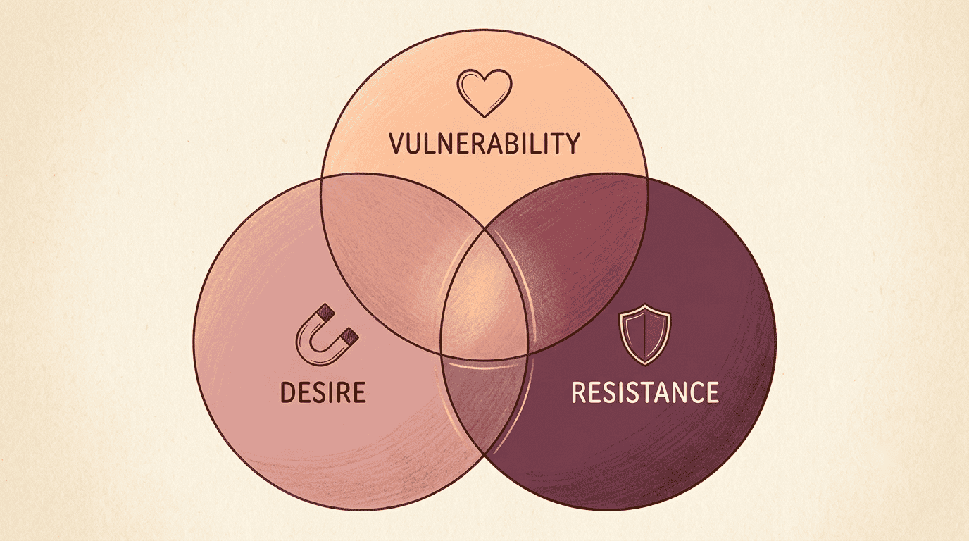 Venn diagram of desire, resistance, and vulnerability overlapping into chemistry