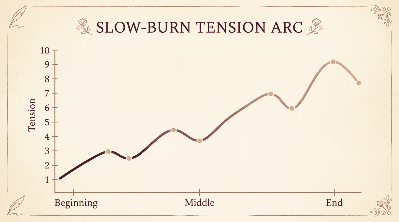 Line chart of romantic tension rising from the beginning to the end of a novel