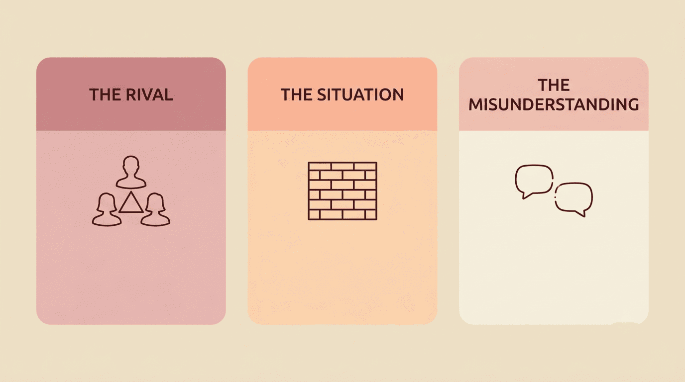 Three cards showing the rival, the situation, and the misunderstanding