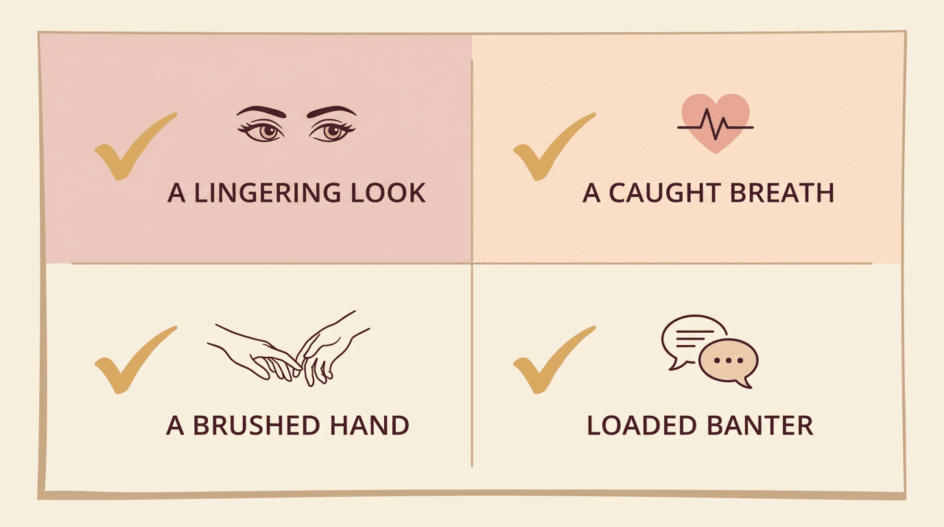 Checklist of show-don't-tell romantic cues: a lingering look, a caught breath, a brushed hand, loaded banter