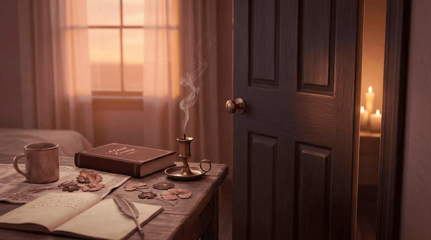 Symbolic fade-to-black: a closing door, candle and closed book