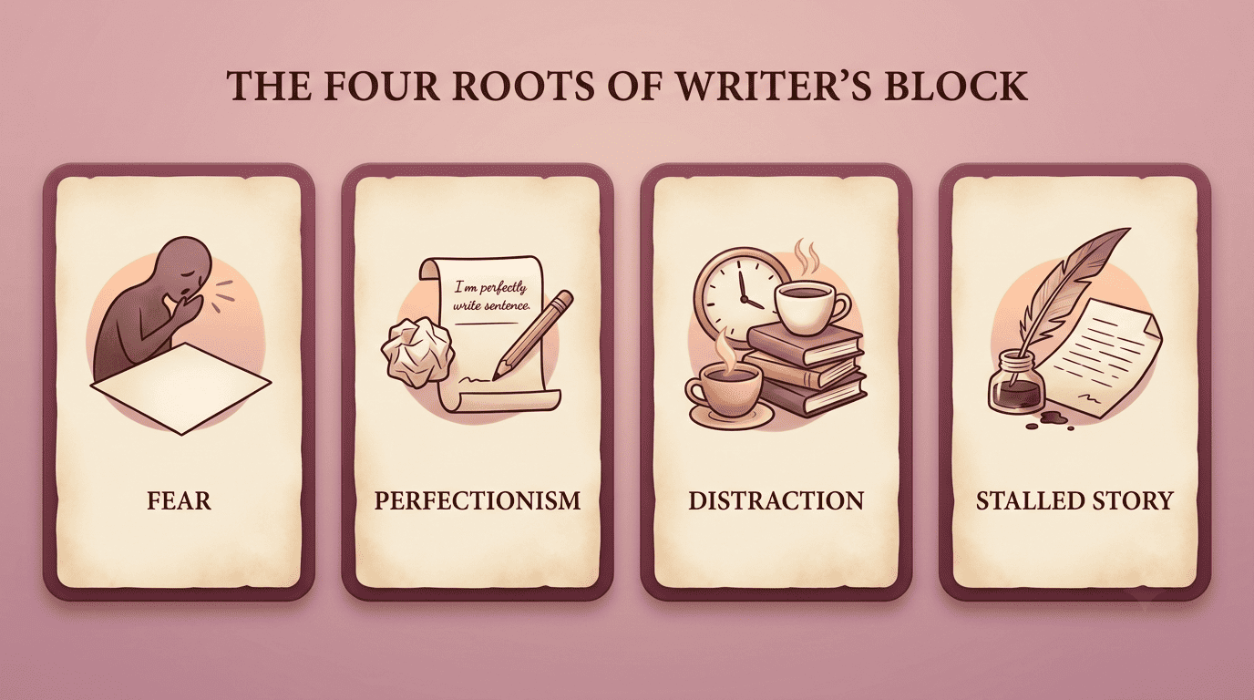 Infographic showing the four roots of writer's block: fear, perfectionism, distraction and a stalled story.