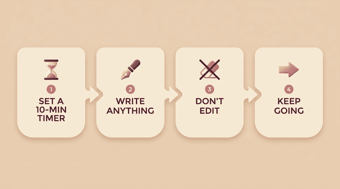 Four-step freewriting warm-up: set a 10-minute timer, write anything, don't edit, keep going.